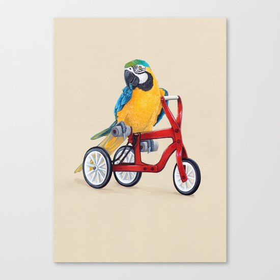 Parrot macaw on red bike Canvas Print