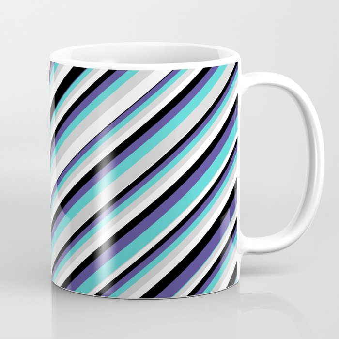 Eyecatching Turquoise, Light Grey, White, Black & Dark Slate Blue Colored Stripes Pattern Coffee Mug
