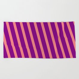 [ Thumbnail: Light Coral and Purple Colored Lined Pattern Beach Towel ]