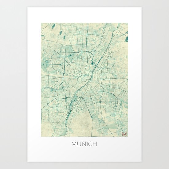 Munich Map Blue Vintage Art Print