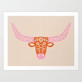 Floral Longhorn – Pink and Orange Art Print