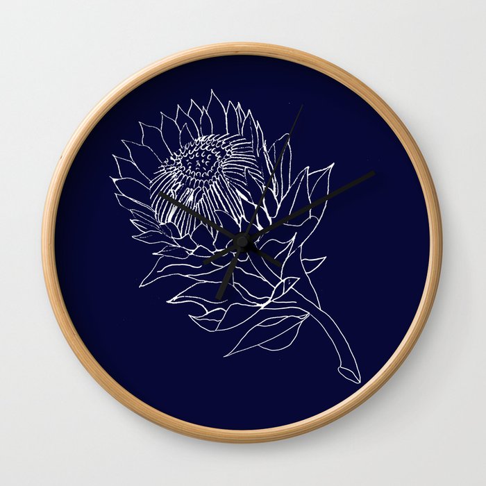King Protea Outline - Navy and White Wall Clock