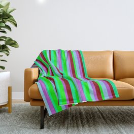 [ Thumbnail: Eye-catching Orchid, Sky Blue, Lime, Green & Dark Red Colored Lined Pattern Throw Blanket ]