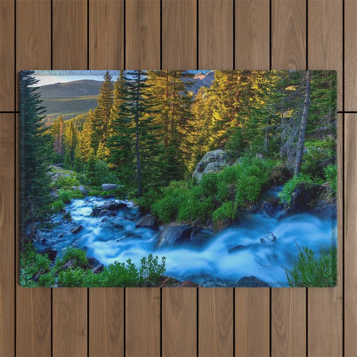 river stream current stones grass trees twilight evening murmur Outdoor Rug