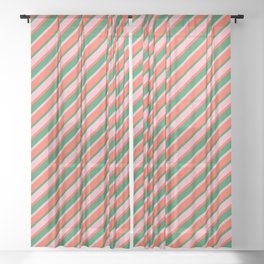 [ Thumbnail: Sea Green, Light Pink, and Red Colored Lined/Striped Pattern Sheer Curtain ]