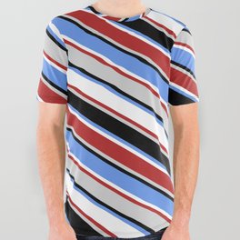 [ Thumbnail: Eyecatching Cornflower Blue, White, Red, Light Gray & Black Colored Lined/Striped Pattern All Over Graphic Tee ]