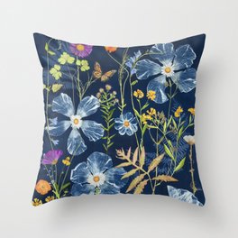 Cyanotype Painting (Hibiscus, Daisies, Cosmos, Ferns, Monarch) Throw Pillow