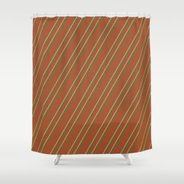 [ Thumbnail: Sienna, Light Coral & Forest Green Colored Stripes Pattern Shower Curtain ]