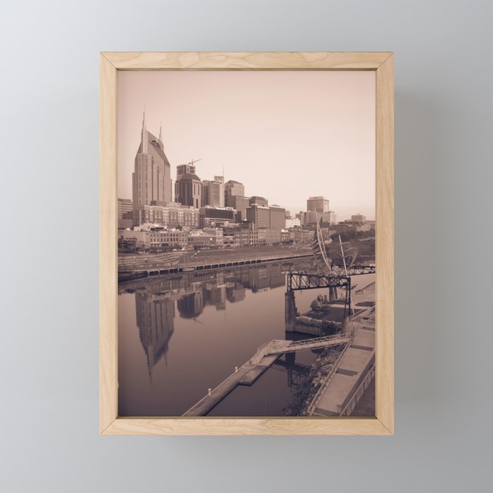 Vintage Nashville Skyline Over The River - Sepia Edition Framed Mini Art Print