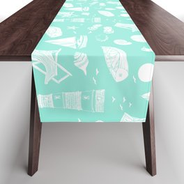 Mint Blue And White Summer Beach Elements Pattern Table Runner