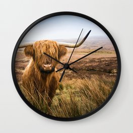 Scottish Highland Cow Field Looking Camera Wall Clock