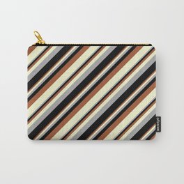 [ Thumbnail: Sienna, Light Yellow, Dark Grey, and Black Colored Stripes Pattern Carry-All Pouch ]