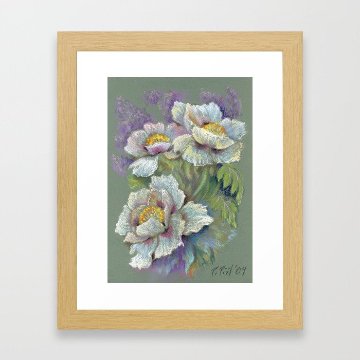 White Poppy Flowers bouquet Floral pastel drawing on green background Floral decor Framed Art Print