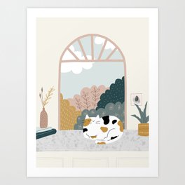Calico Cat at Window with View on Garden Art Print | Ochre, Botanical, Green, Garden, Digital, Nature, Spring, Calicocat, Landscape, Graphicdesign 