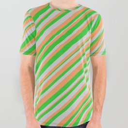 [ Thumbnail: Light Grey, Brown, and Lime Green Colored Stripes Pattern All Over Graphic Tee ]