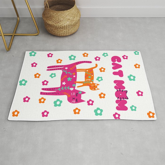 Cute colorful two kittens, flowers and phrase - cat mom Rug