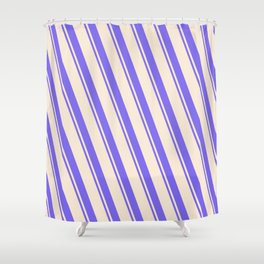[ Thumbnail: Beige and Medium Slate Blue Colored Striped Pattern Shower Curtain ]