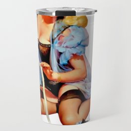 Sexy Blond Vintage Pinup Playing With a Cute Puppy Cat Travel Mug