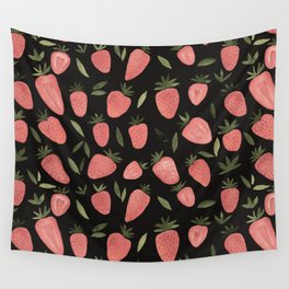 Watercolor strawberries pattern - dusty pink and olive on dark background Wall Tapestry