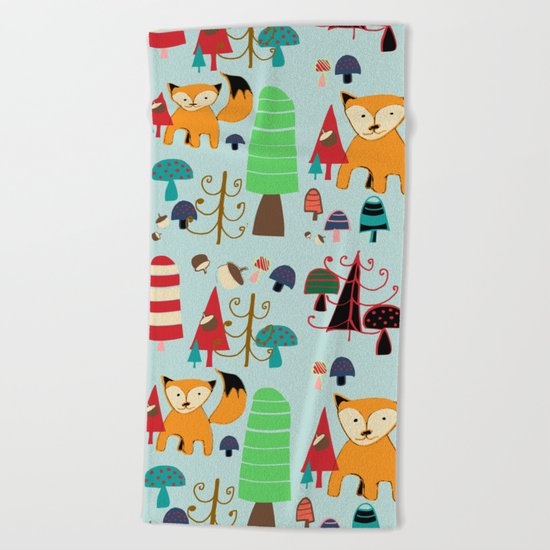 Woodland fox blue Beach Towel