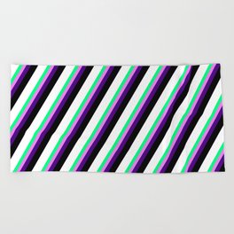 [ Thumbnail: Vibrant Green, Violet, Indigo, Black, and White Colored Striped/Lined Pattern Beach Towel ]