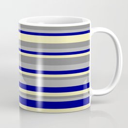 [ Thumbnail: Dark Gray, Blue, Pale Goldenrod, and Gray Colored Striped Pattern Coffee Mug ]
