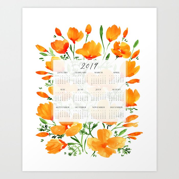 2019 calendar with California poppies Art Print