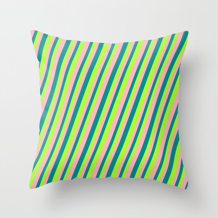 Dark Cyan, Light Green, and Light Pink Colored Lined Pattern Throw Pillow