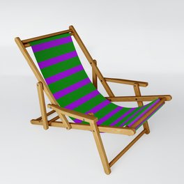 [ Thumbnail: Green & Dark Violet Colored Lined Pattern Sling Chair ]