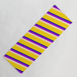 [ Thumbnail: Vibrant Green, Blue, Dark Violet, Bisque & Yellow Colored Striped Pattern Yoga Mat ]