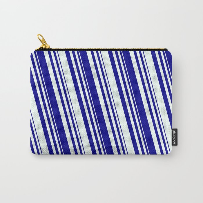 Dark Blue and Mint Cream Colored Striped Pattern Carry-All Pouch