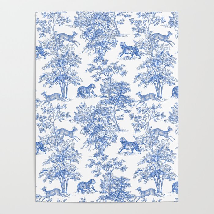 Toile de Jouy Vintage French Exotic Jungle Forest Blue & White Poster