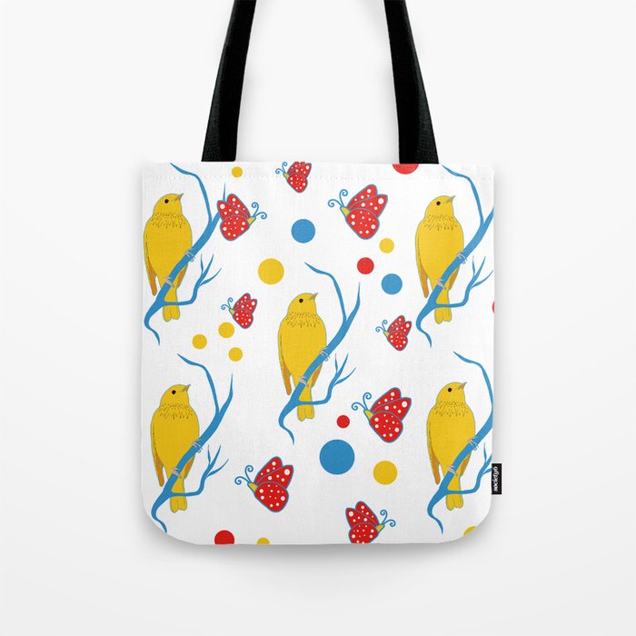 Canaries and Butterflies in a Primary Colors Pattern Tote Bag by Mausie ...