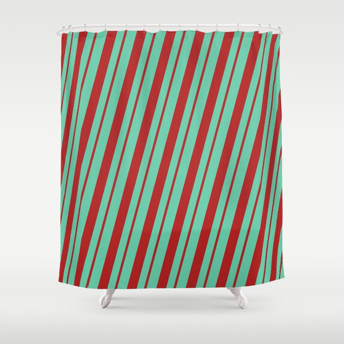 Aquamarine & Red Colored Striped Pattern Shower Curtain