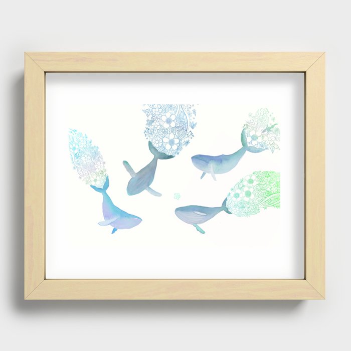 Whales playing in a floral ocean Recessed Framed Print