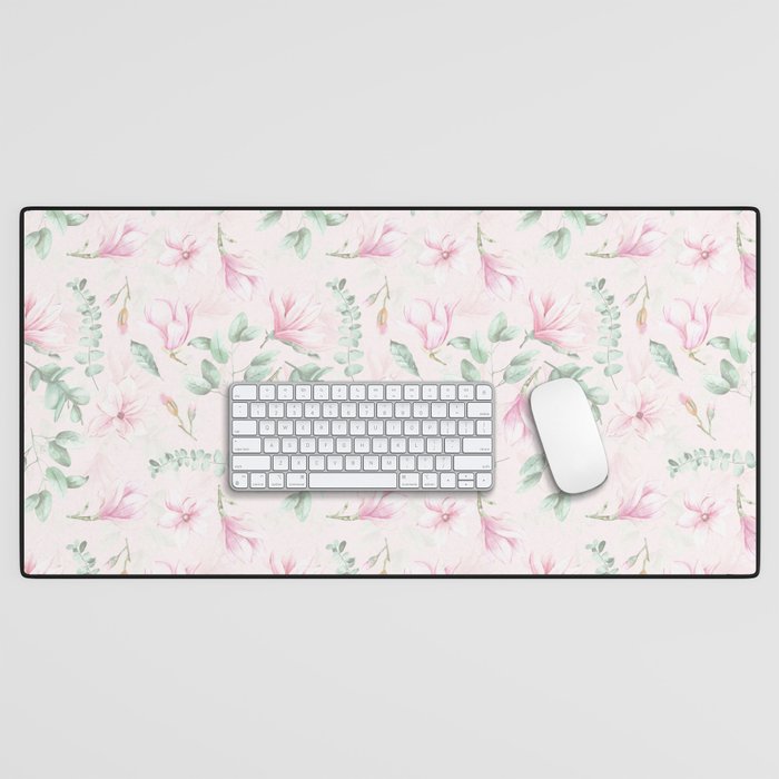 Pastel Spring Watercolor Magnolia Pattern Desk Mat