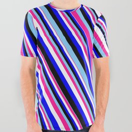 [ Thumbnail: Eyecatching Light Sky Blue, Deep Pink, White, Blue & Black Colored Lines Pattern All Over Graphic Tee ]
