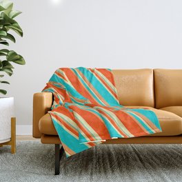 [ Thumbnail: Pale Goldenrod, Dark Turquoise, Brown, and Red Colored Lines/Stripes Pattern Throw Blanket ]