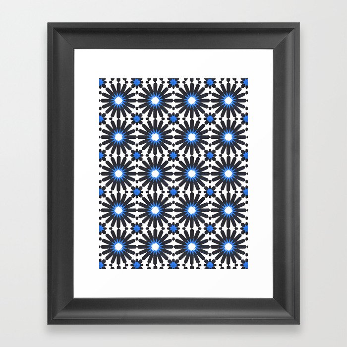 N237 - Geometric Blue Traditional Boho Moroccan Style Tiles Pattern Framed Art Print
