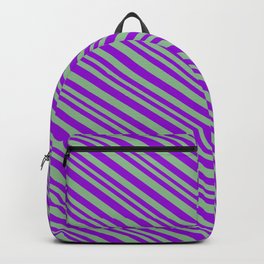 [ Thumbnail: Dark Violet & Dark Sea Green Colored Pattern of Stripes Backpack ]