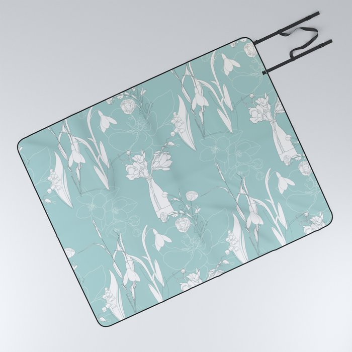 Flowers pattern with leafs in pastel color line art. Picnic Blanket