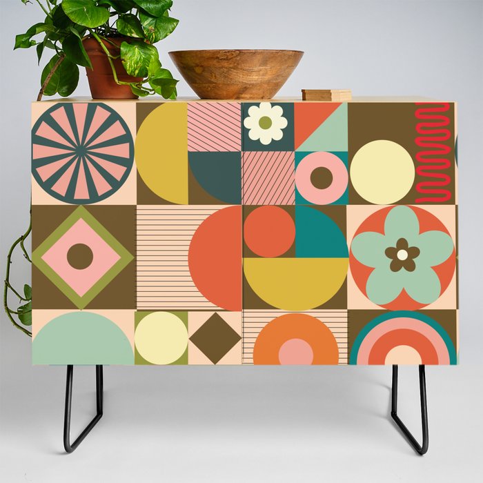 Geo play Mid century retro pattern with geometric shapes Credenza
