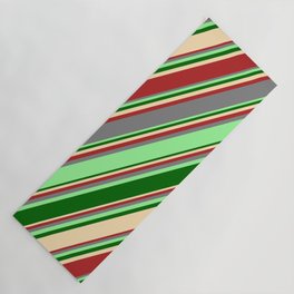 [ Thumbnail: Eyecatching Grey, Green, Dark Green, Beige, and Red Colored Lines Pattern Yoga Mat ]