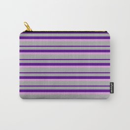 [ Thumbnail: Dark Grey, Indigo, and Plum Colored Lined/Striped Pattern Carry-All Pouch ]