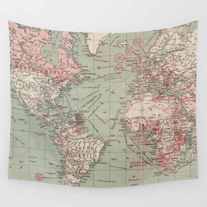 Vintage Map of The World (1918) Wall Tapestry