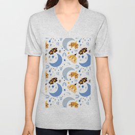 Moths and Moons - Blue & Yellow V Neck T Shirt