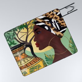 African woman,vase ,fashion art ,light green background ,round earrings. Picnic Blanket