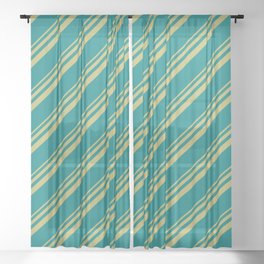 [ Thumbnail: Dark Khaki and Teal Colored Stripes/Lines Pattern Sheer Curtain ]