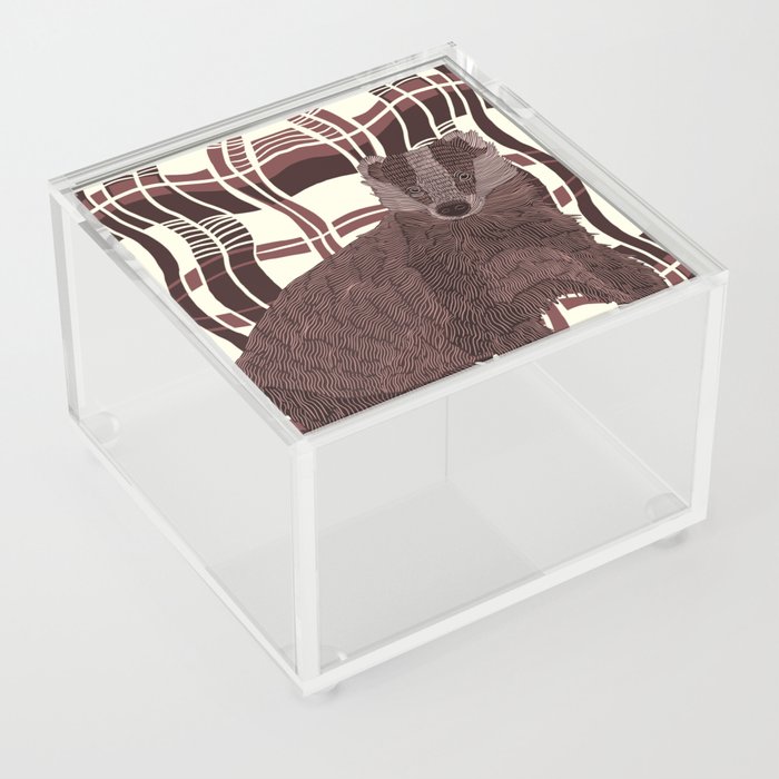 Badger on a maroon check like patterned background Acrylic Box