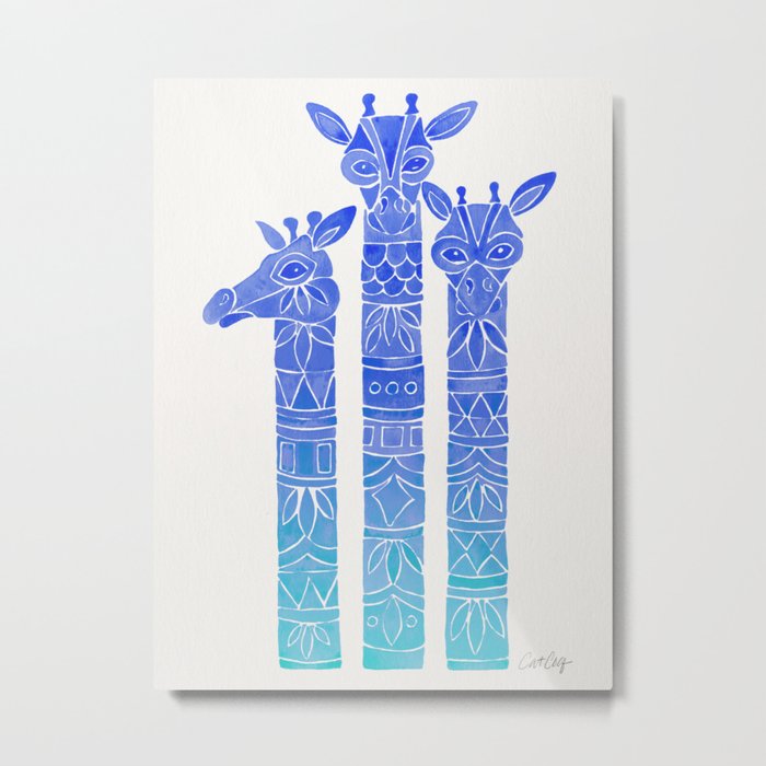 Giraffes – Blue Ombré Metal Print